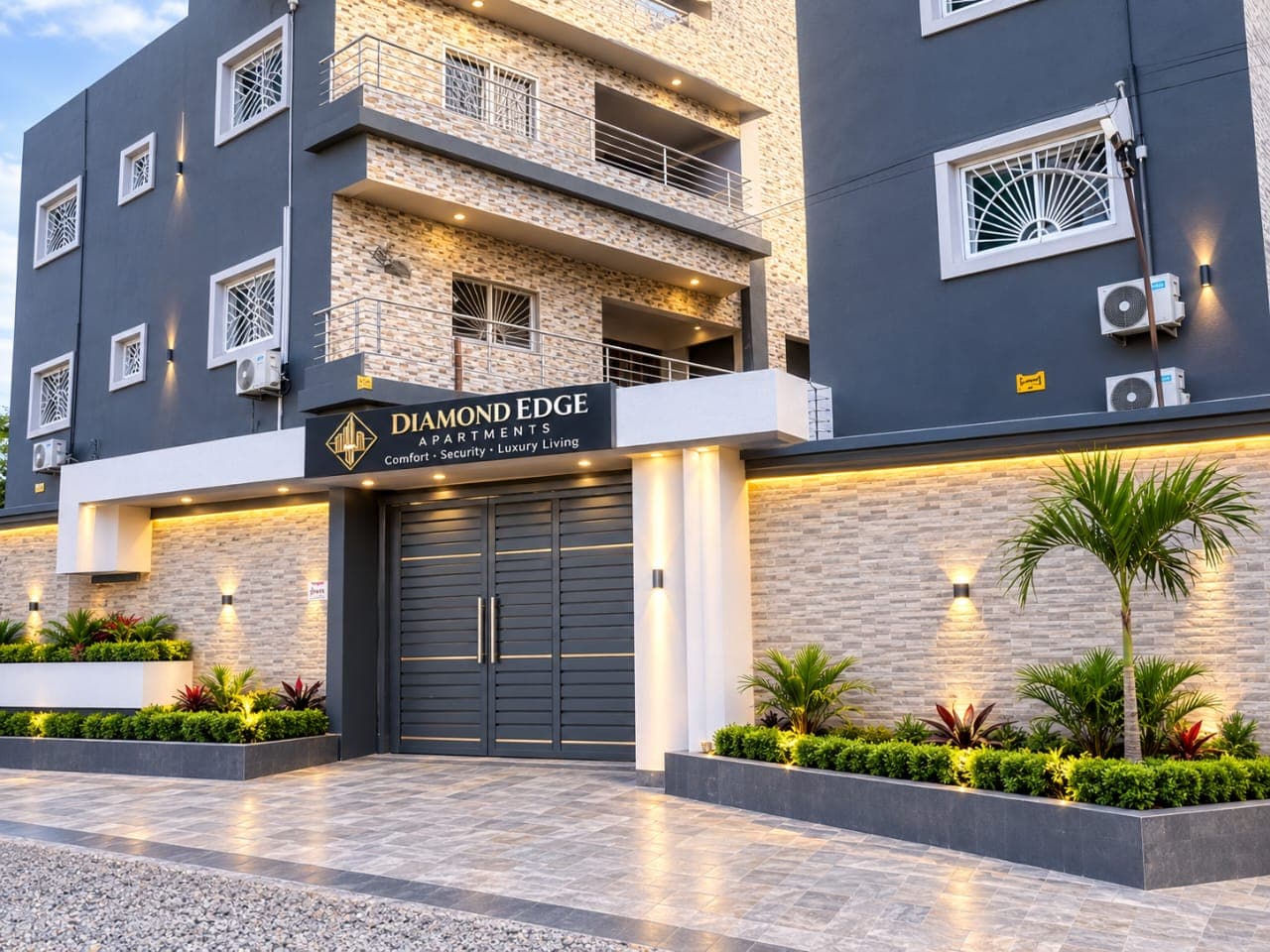 Diamond Edge Apartments building, viewed at an angle from the courtyard
